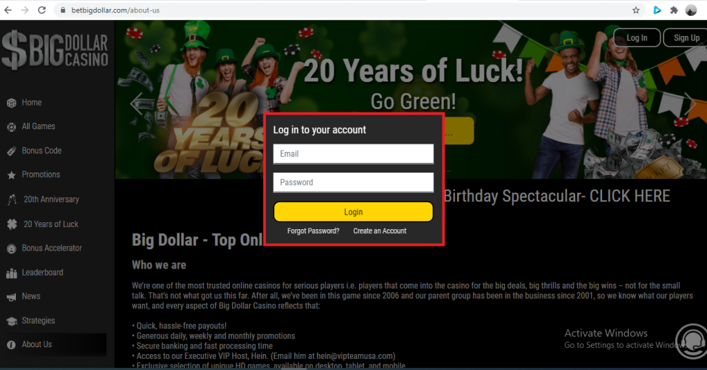 Bet Big Dollar Casino Login Popup