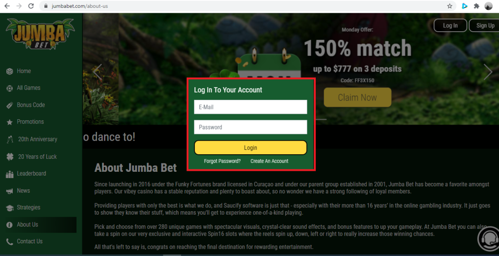 Jumba Bet Casino Login Popup