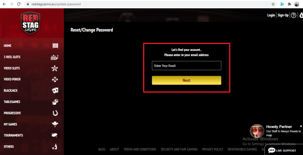 Red Stag Casino Password Recovery Page