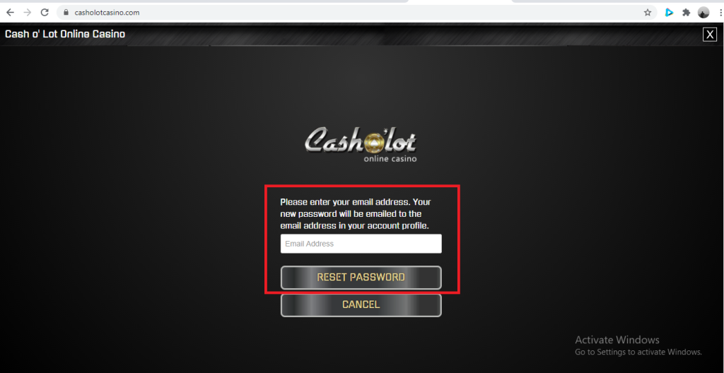 Cash o' Lot Casino Password Recovery Page